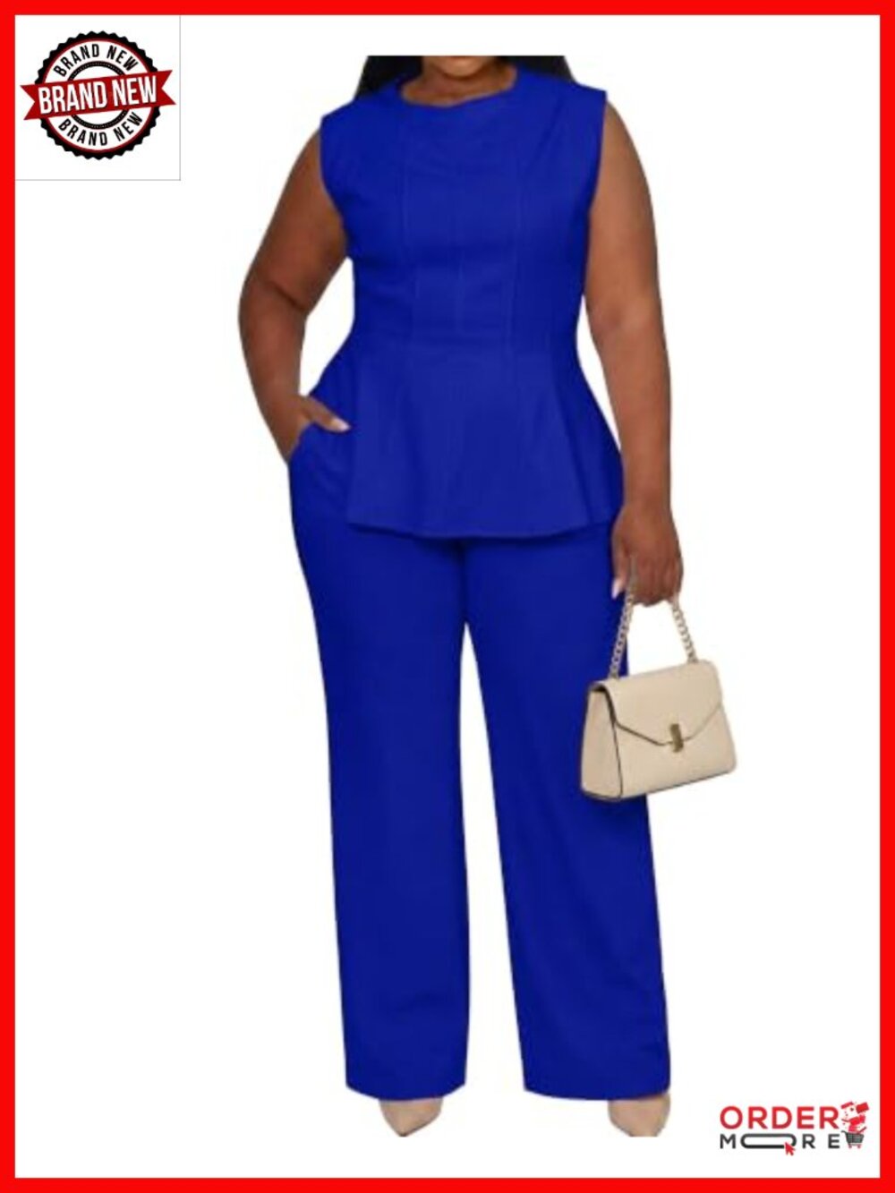 Plus Size 2 Piece Pantsuit Set Sleeveless Peplum Tank Top Wide Leg Pants